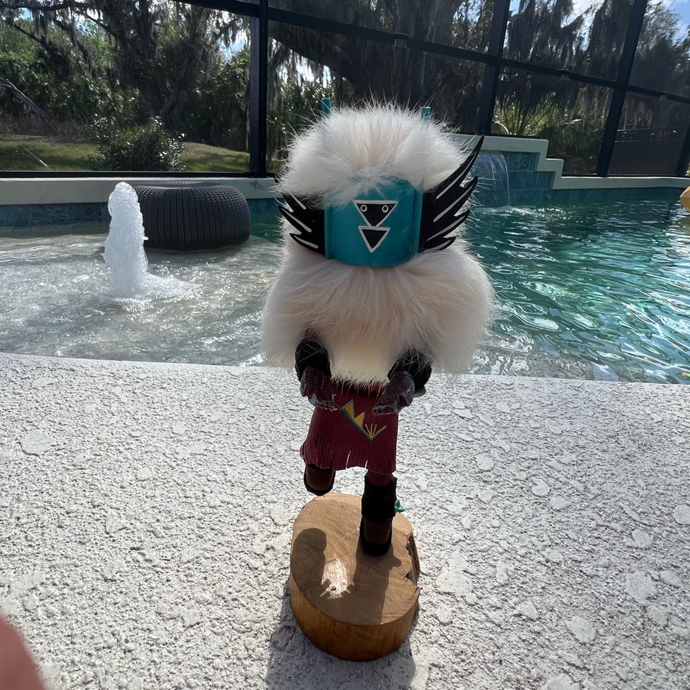 Kachina Doll Navajo Mother Crow Dancing Statue Mask Leather Rabbit Fur Turquoise